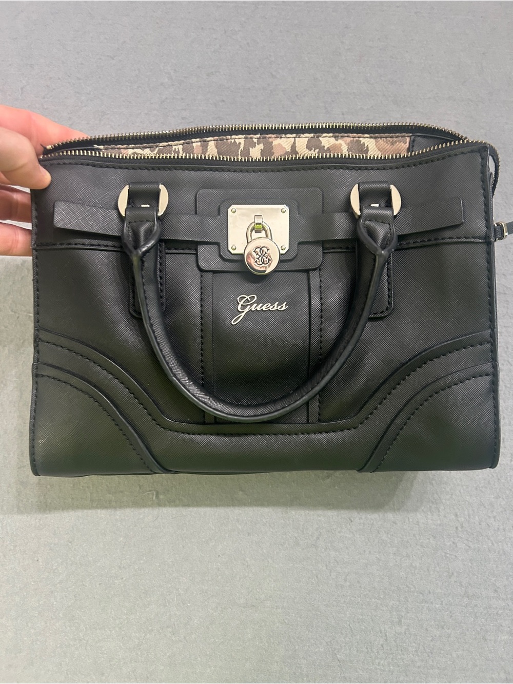 Guess Black Saffiano Leather Satchel - Signature Lock & Wallet
